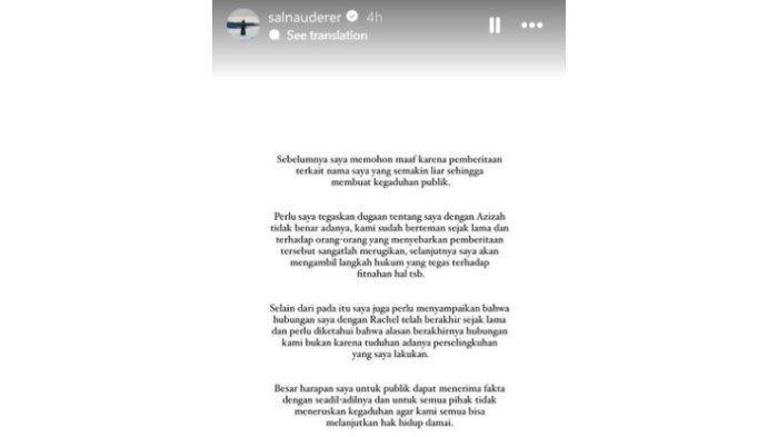 Salim Nauderer beri klarifikasi soal tudingan dirinya selingkuh dengan Azizah Salsha saat masih berpacaran dengan Rachel Vennya.