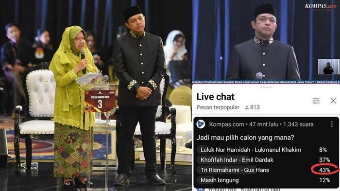 PILKADA JATIM 2024 - Kolase pasangan Calon Gubernur dan Wakil Gubernur Jawa Timur nomor urut 3, Tri Rismaharini-KH Zahrul Azhar Asumta atau Risma-Gus Hans saat debat Pilgub Jatim 2024, Jumat (18/10/2024), dan tangkapan layar polling penonton saat berlangsungnya debat.