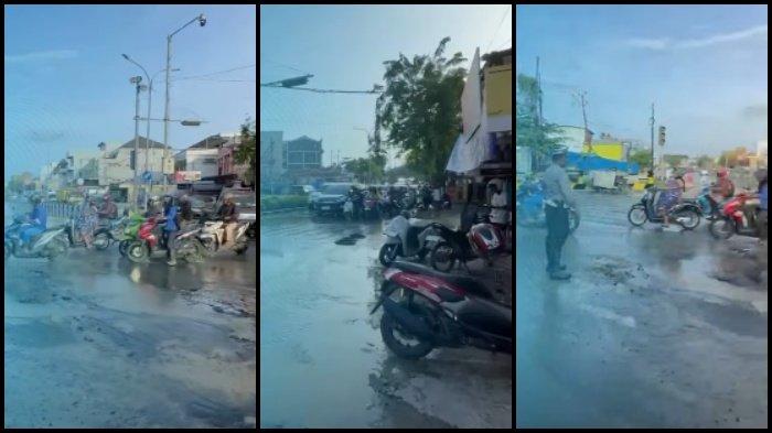 PIPA PDAM BOCOR - Kawasan simpang Beller yang menjadi lokasi titip pipa PDAM yang bocor, Kamis (24/102024). Debit air turun, daftar daerah yang terdampak.