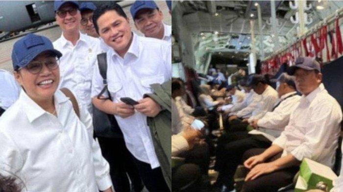 Pembekalan Menteri kabinet Prabowo-Gibran. Sejumlah menteri Prabowo berada di dalam pesawat hercules, berangkat menuju Magelang.