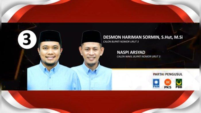 DEBAT PILKADA PPU - Foto pasangan calon bupati dan wakil bupati Penajam Paser Utara (PPU), Desmon Hariman Sormin dan Naspi Arsyad yang ditampilkan pada debat pertama Pilkada PPU 2024, Kamis (31/10/2024) malam. Pasangan ini mendapat nomor urut 3.