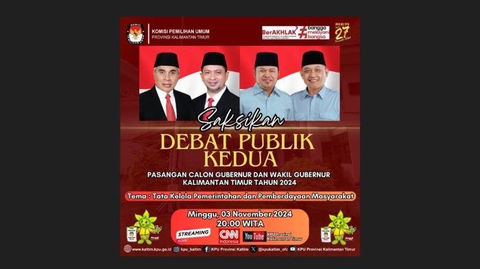 PILGUB KALTIM 2024 - Jangan lewatkan dan tonton Debat kedua Pilkada Kaltim 2024 hari ini, Minggu (3/11/2024) lewat live streaming KPU kaltim, tayang jam 8 malam WITA.