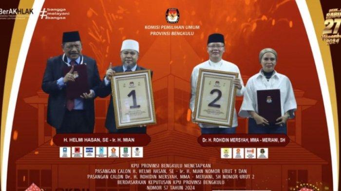 PILKADA BENGKULU 2024 - Dua paslon di Pilkada Bengkulu 2024, Helmi Hasan-Mian dan Rohidin Mersyah-Meriani. Berikut hasil survei Pilkada Bengkulu 2024. Elektabilitas Helmi-Mian vs Rohidin-Meriani jelang pencoblosan. Sosok paslon pilihan Gen Z