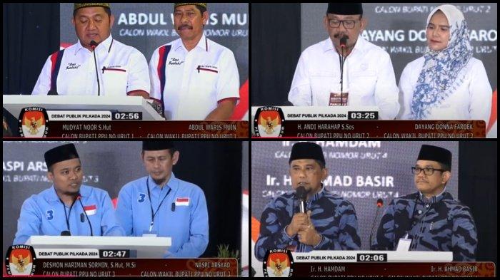 DEBAT PILKADA PPU 2024 - Empat paslon Mudyat-Waris, Andi Harahap-Donna, Desmon-Naspi dan Hamdam-Basir saat debat perdana Pilkada PPU 2024.  Tonton live debat terakhir Pilkada PPU 2024 hari ini, Kamis (13/11/2024). Empat paslon bakal beradu gagasan soal peningkatan kesejahteraan masyarakat