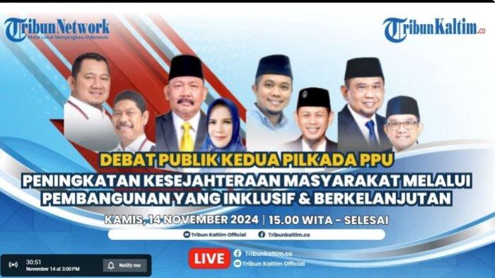 DEBAT PILKDA PPU 2024 - Debat terakhir Pilkada PPU 2024 hari ini, Kamis (14/11/2024). Live debat Pilkada PPU 2024 hari ini, Kamis (14/11/2024). Debat terakhir  4 paslon Mudyat-Waris, Andi Harahap-Donna, Desmon-Naspi dan Hamdam-Basir