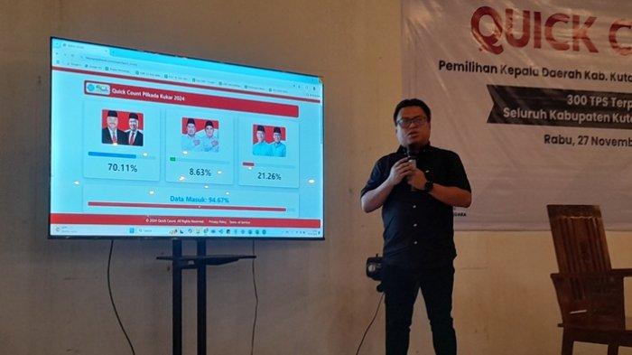 CEO SCL Taktika Consultant, M. Iqbal Themi saat merilis hasil hitung cepat Pilkada Kukar 2024.
