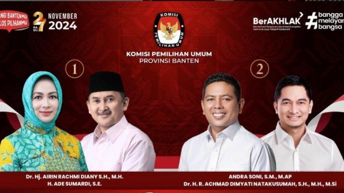 PILKADA BANTEN 2024 - Dua paslon Pilkada Banten 2024, Airin Rachmi Diany-Ade Sumardi dan Andra Soni-Achmad Dimyati Natakusumah. Berikut hasil quick count Pilkada Banten 2024, cek hitung cepat Andra Soni ungguli Airin Rachmi Diany.