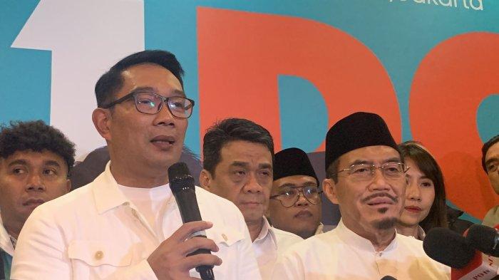 Calon gubernur Jakarta nomor urut 1, Ridwan Kamil dan cawagub Suswono saat menggelar konferensi pers di Hotel Sultan, Jakarta Pusat, Rabu (27/11/2024).