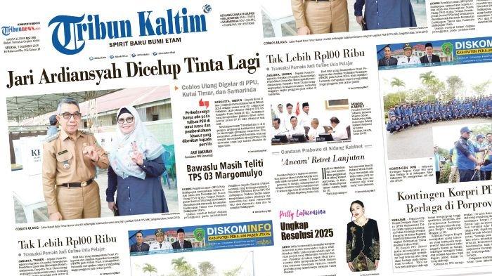Tribun Kaltim Hari Ini, edisi Selasa 3 Desember 2024. Membahas di antaranya pemungutan suara ulang Pilkada Kaltim 2024 telah digelar di 3 daerah, Cabup Kutim ikutan nyoblos lagi