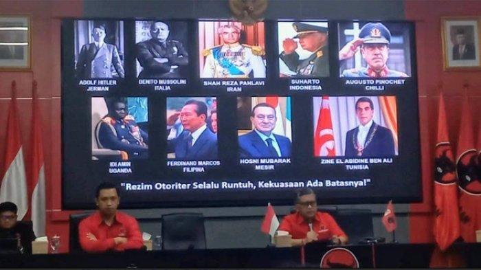 Sekretaris Jenderal PDI Perjuangan Hasto Kristiyanto menunjukkan foto sejumlah tokoh yang dicatat dalam sejarah sebagai pemimpin diktator dan otoriter saat ditanya status keanggotaan Presiden Ketujuh RI Joko Widodo (Jokowi) dan keluarganya. Momen tersebut terjadi saat konferensi pers di Sekolah Partai PDIP Lentengagung Jakarta Selatan pada Rabu (4/12/2024).