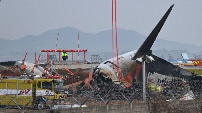Jeju Air jatuh kecelakaan di Bandara Internasional Muan, Korea Selatan, Minggu (29/12/2024). Foto ini adalah bangkai pesawat dalam insiden yang menewaskan 179 orang, dari total 181 orang di dalamnya.