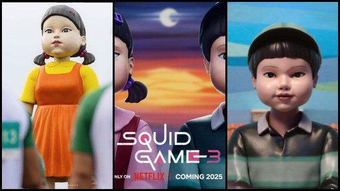 SQUID GAME 3 - Poster dan potongan teaser Squid Game 3. Teaser Squid Game 3 dan bocoran beda peran boneka Young-hee dan Chul-su, Netflix pastikan season terbaru drakor ini bakal tayang di tahun 2025.