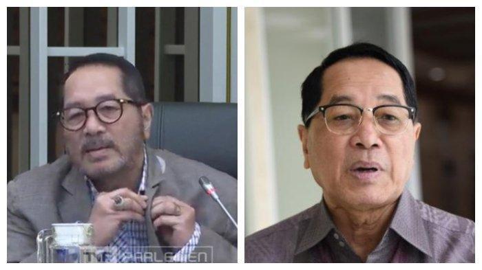 Foto Firman Soebagyo saat melepas pin DPR dari jasnya (kanan, Dok Parlemen TV) - Anggota Komisi IV DP melepas pin DPR dari jasnya di hadapan Menteri KP Trenggono karena merasa malu masalah pagar laut masih berlarut-larut.