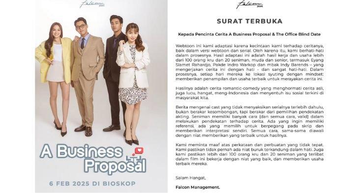PERNYATAAN FALCON PICTURES - Official Teaser Looks film A Bussines Proposal (kiri) yang diunggah 25 Desember 2024 dan surat terbuka Falcon Pictures menyampaikan permohonan maaf imbas kontroversi Abidzar dan ancaman boikot film A Bussiness Proposal (kanan) yang diunggah hari ini Senin (3/2/2025) di IG @falconpictures_. Berikut isi permohonan maaf Falcon Pictures, usai viral kontroversi Abidzar di film  A Busisiness Proposal (Instagram/falconpictures_)