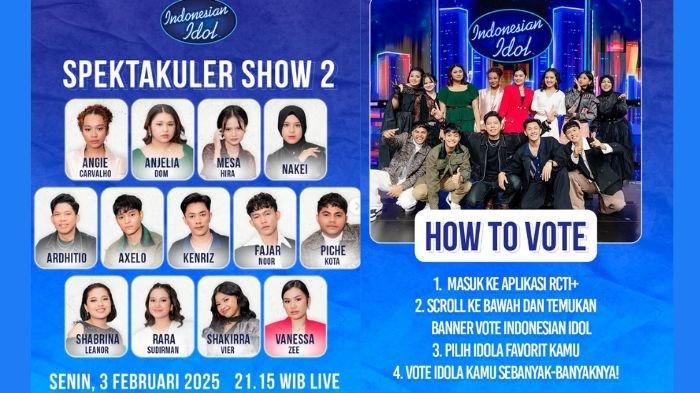 INDONESIAN IDOL 2025 - Potret 13 peserta Indonesian Idol yang akan tampil malam ini dan cara vote yang diunggah di Instagram @indonesianidolid, Senin (3/2/2025). Live Streaming nonton Indonesian Idol Season 13 Spektakuler Show 2, siapa pulang? (instagram/indonesianidolid)