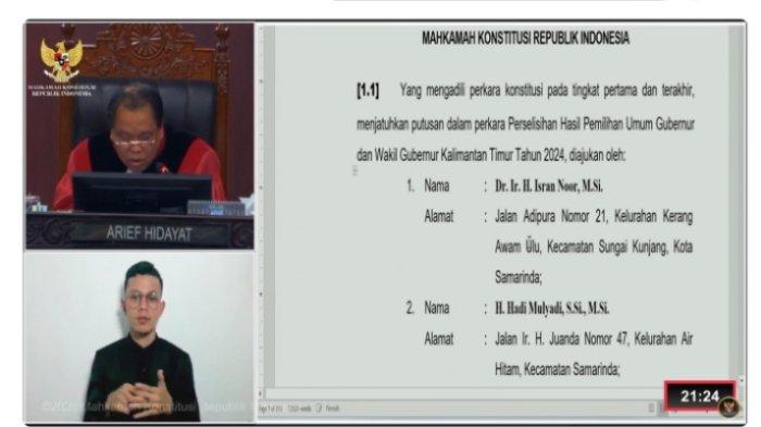 PUTUSAN DISMISSAL MK - Hakim Konstitusi, Arief Hidayat membacakan putusan dismissal Mahkamah Konstitusi sengketa Pilkada Kaltim 2024 gugatan Isran-Hadi, Rabu (5/2/2025). Setelah putusan dismissal MK dalam gugatan Isran-Hadi, apakah Rudy-Seno bisa ikut dilantik bersama Kepala Daerah lainnya? (Tangkap layar YouTube Mahkamah Konstitusi RI)