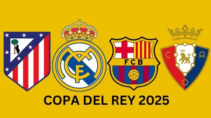 COPA DEL REY - Logo 4 klub di semifinal Copa del Rey 2025, Atletico Madrid, Real Madrid, Barcelona, dan Osasuna yang diolah melalui aplikasi Canva, Minggu (9/2/2025). Berikut jadwal drawing semifinal Copa del Rey 2025 dan info kapan bertanding, kans Real Madrid vs Barcelona. (Grafis TribunKaltim.co via Canva)