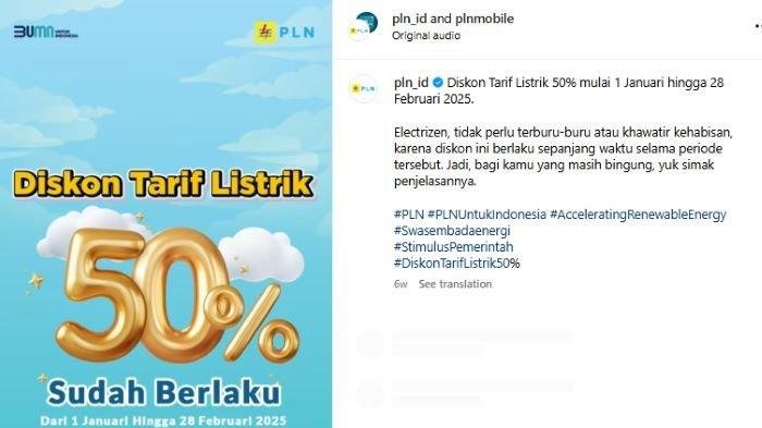 PROMO PLN 2025 -  Info diskon token listrik PLN. Terjawab sudah promo PLN sampai kapan, cek diskon PLN sampai kapan dan info terkini subsidi token listrik 50 persen 2025.(Instagram @pln_id)