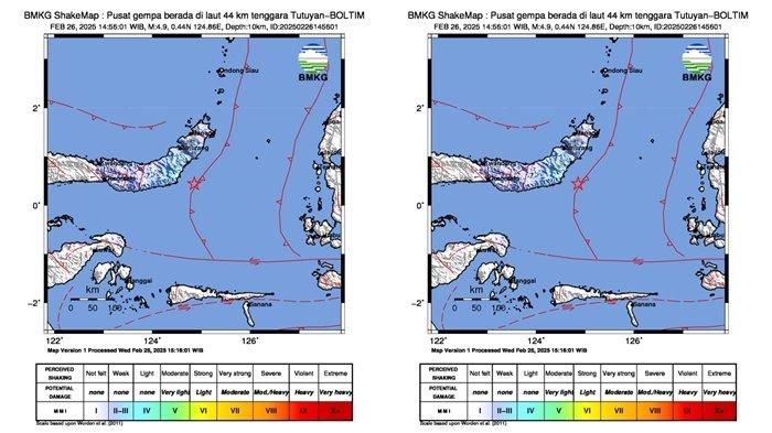 GEMPA MANADO TERKINI - Tangkapan layar informasi dari BMKG mengenai gempa di Provinsi Sulawesi Utara yang diunggah oleh akun X @infoBMKG pada Rabu (26/2/2025). Inilah info BMKG gempa Manado hari ini 2025, pusat gempa terkini 2 menit yang lalu Boltim Sulut.(X.com/@InfoBMKG)