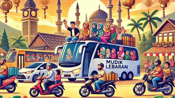 MUDIK LEBARAN GRATIS - Ilustrasi mudik lebaran dengan bus, diolah melalui CHATGPT pada Minggu (9/3/2025). Berikut cara daftar mudik gratis BUMN Sucofindo 2025. (Generated by AI)