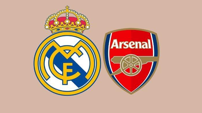 LIGA CHAMPIONS - Kolase 2 logo klub, Real Madrid dan Arsenal. Akses link nonton Real Madrid vs Arsenal, siapa lolos ke semi final? (Grafis TribunKaltim.co/canva)