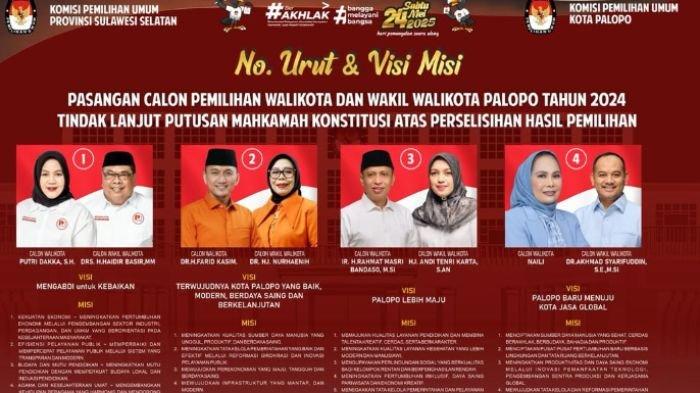PSU PALOPO 2025 - Poster pengumuman penetapan Pasangan Calon Walikota dan Wakil Walikota Palopo Tahun 2024 yang diunggah di IG @KPUPalopomelayani. Berikut jadwal PSU Pilkada Palopo 2024 dan daftar 4 paslonnya. (Instagram/kpupalopomelayani)