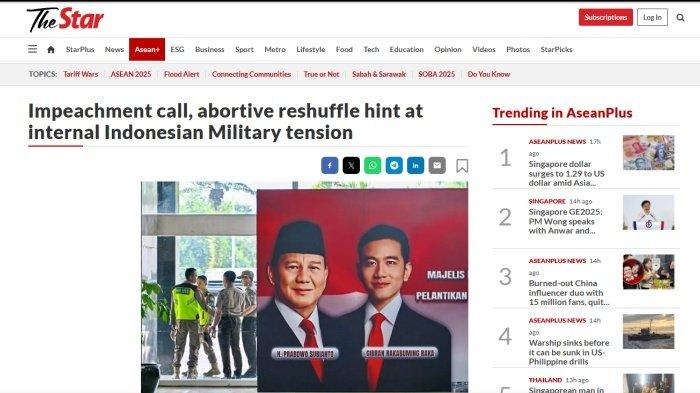PEMAKZULAN GIBRAN - Tangkap layar sorotan media Malaysia, The Star yang menuliskan laporan terkait upaya pemakzulan Gibran. (https://www.thestar.com.my/)