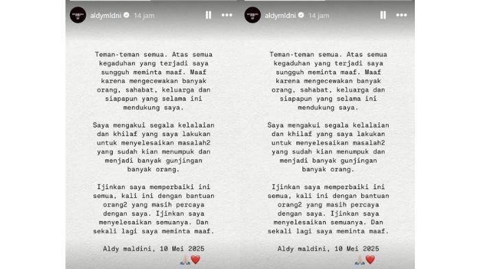 KLARIFIKASI ALDY MALDINI - Klarifikasi Aldy Maldini di story Instagramnya, jawab tudingan tipu fans. Aldy Maldini mengakui kesalahannya. (instagram/aldymldni)