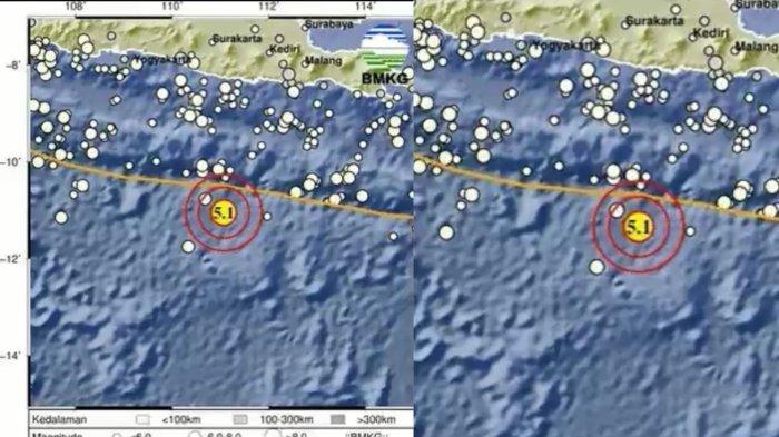 GEMPA GUNCANG JATIM - Gempa Magnitudo 5,1 Guncang Barat Daya Pacitan, Jawa Timur. Gempa bumi berkekuatan magnitudo 5,1 mengguncang wilayah barat daya Pacitan, Jawa Timur, pada Selasa dini hari, 20 Mei 2025, pukul 04:36:10 WIB. (X.com/BMKG)