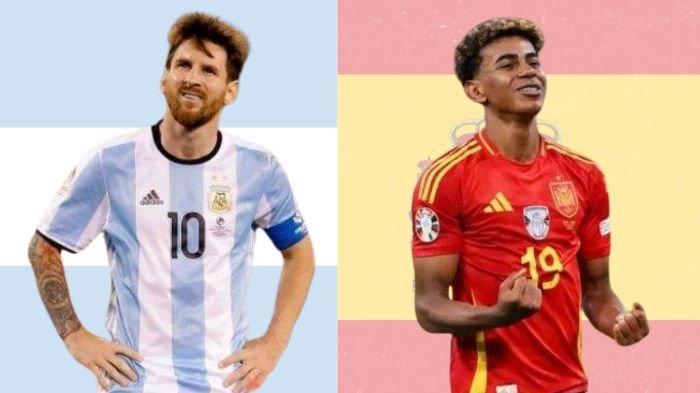 ARGENTINA VS SPANYOL - Kolase potret Lionel Messi dan Lamine Yamal dengan background bendera Argentina dan Spanyol diolah di Canva. Berikut jadwal Finalissima 2025 Argentina vs Spanyol, mempertemukan Messi dan Yamal. (Kolase TribunWow/tycsports.com diolah di Canva)