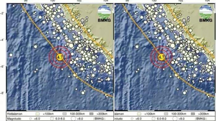 GEMPA BUMI BENGKULU - Gempa bumi guncang wilayah Bengkulu. Gempa bumi dengan magnitudo 4,7 mengguncang wilayah barat laut Pulau Enggano, Bengkulu, pada Senin, 26 Mei 2025 pukul 16:33 WIB. (X.com/BMKG)