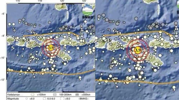 GEMPA DAERAH NTT - Gempa bumi guncang Barat Laut Tambolaka, NTT. Wilayah perairan barat laut Tambolaka, Nusa Tenggara Timur, diguncang gempa bumi berkekuatan magnitudo 3,9 pada Selasa sore, 27 Mei 2025 pukul 16:42 WIB. (X.com/BMKG)