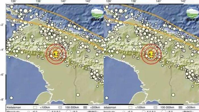 GEMPA BUMI PAPUA - Gempa bumi di wilayah Papua. Guncangan gempa bumi kembali terasa di wilayah Papua, Badan Meteorologi, Klimatologi, dan Geofisika (BMKG) melaporkan telah terjadi gempa berkekuatan Magnitudo 4,2 pada Sabtu, 31 Mei 2025 pukul 15.24 WIB. (X.com/BMKG)