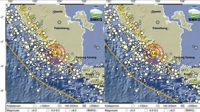 GEMPA WILAYAH LAMPUNG - Gempa bumi guncang wilayah Lampung. Gempa bumi dengan magnitudo 3,0 mengguncang wilayah Barat Laut Pesisir Barat, Lampung pada hari Selasa, 3 Juni 2025, pukul 11:19 WIB. (X.com/BMKG)