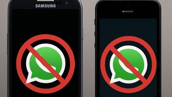 HP DIBLOKIR WA - Ilustrasi ponsel Samsung dan iPhone dengan logo WhatsApp yang diolah dari ChatGPT. Berikut daftar HP yang tidak bisa lagi akses WhatsApp 2025 (Open AI CHATGPT)