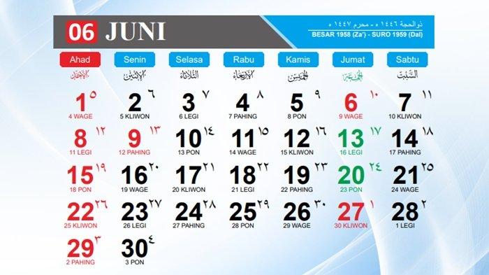 KALENDER JUNI  2025 - Kalender Hijriah Indonesia 2025 bulan Juni. Memasuki pertengahan bulan Juni 2025, pertanyaan seputar tanggal merah mendatang menjadi topik yang banyak dicari oleh masyarakat. Kapan kesempatan untuk mendapatkan libur panjang di bulan ini? (kemenag.go.id)