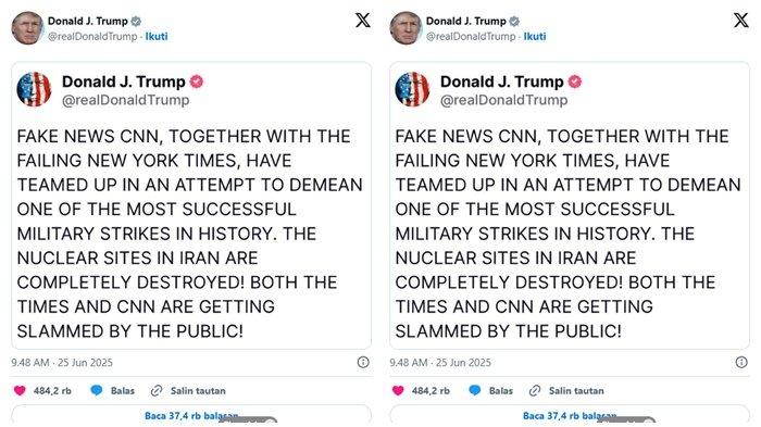 DONALD TRUMP EMOSI - Capture Truth Social Donald Trump @realDonaldTrump, Rabu (25/6/2025). Di platform media sosial Truth Social, Trump menanggapi pemberitaan soal pemboman fasilitas nuklir Iran yang disebut gagal adalah kebohongan. Trump menulis dengan dengan tulisan penuh huruf kapital.(Capture Truth Social Donald Trump @realDonaldTrump)
