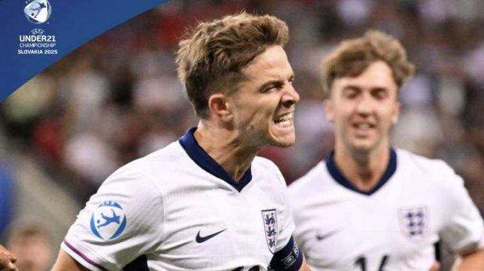 INGGRIS U21 LIVE - Momen selebrasi James McAtee dalam laga perempat final Euro U21 atau Piala Eropa U21 antara Spanyol vs Inggris di Stadion Anton Malatinsky, Slovakia, 21 Juni 2025.(TANGKAPAN LAYAR Instagram @uefamensyouth)