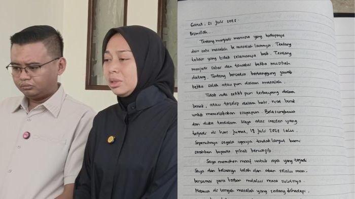 CURHATAN PUTRI KARLINA - Kolase foto Wakil Bupati Garut Putri Karlina. Foto kiri: Maula Akbar dan Putri Karlina berbicara di depan para wartawan di rumah dinasnya di Kab Garut, Sabtu (19/7/2025). Mereka memberikan keterangan terkait tragedi maut dalam rangkaian pernikahannya di Pendopo Garut pada Jumat (18/7/2025). Foto kanan: catatan Putri Karlina tentang tragedi makan gratis yang ia bagikan di Instagram @putri.karlina14, Senin (21/7/2025). (Tribunjabar.id/Adi Sasono, Instagram @putri.karlina14)