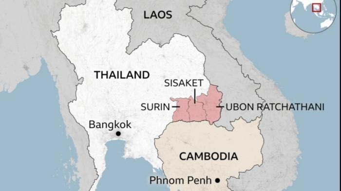 THAILAND VS KAMBOJA - Peta konflik antara Thailand dengan Kamboja. Kontak senjata terjadi di wilayah perbatasan antara militer Thailand dan Kamboja, mengakibatkan korban tewas dari masyarakat. (Tangkapan Layar BBC)