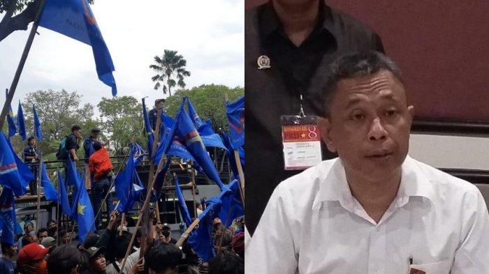 Massa kader dan simpatisan Partai Rakyat Adil Makmur (PRIMA) menggeruduk kantor Komisi Pemilihan Umum (KPU) RI di Jalan Imam Bonjol, Jakarta, Kamis (8/12/2022) setelah gagal jadi peserta Pemilu 2024. Kanan: Agus Jabo Priyono saat ditemui dalam Kongres VIII PRD di Hotel Acacia, Jakarta Pusat, Selasa (24/3/2015) lalu. Profil Partai Prima dan Agus Jabo Priyono, ketua umumnya. Gugatan Partai Prima membuat PN Jakarta Pusat memutuskan menunda Pemilu 2024.