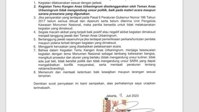 Surat pernyataan Teman Anas Urbaningrum terkait penyelenggaraan acara di Monas, Jakarta Pusat, Sabtu (15/7/2023). Panitia menyatakan acara tersebut tidak akan membahas unsur politik, tetapi Anas justru menyampaikan pidato politik dalam acara itu.