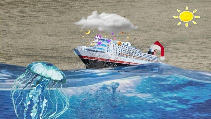 Ilustrasi kapal laut berada di lautan bebas.