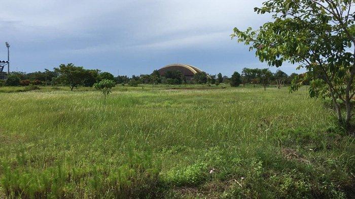 Kondisi taman di depan Stadion Panglima Sentik Penajam Paser Utara, yang ditumbuhi rumput liar tinggi