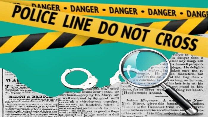 Ilustrasi pencarian pelaku pembunuhan di lokasi kejadian dan ditandai dengan police line atau garis polisi.