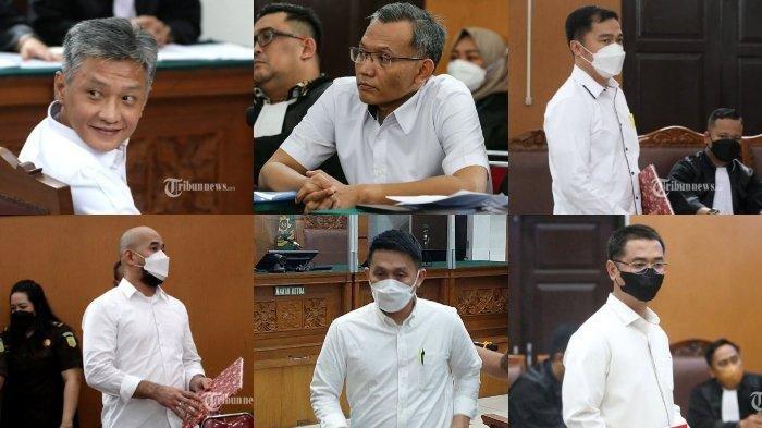 Terdakwa obstruction of justice kasus pembunuhan berencana Nofriansyah Yoshua Hutabarat atau Brigadir J, Brigjen Hendra Kurniawan (kiri atas), Kombes Agus Nurpatria (tengah atas), AKBP Arif Rahman (kanan atas), Kompol Baiquni Wibowo (kiri bawah), Kompol Chuck Putranto (tengah bawah), AKP Irfan Widianto.