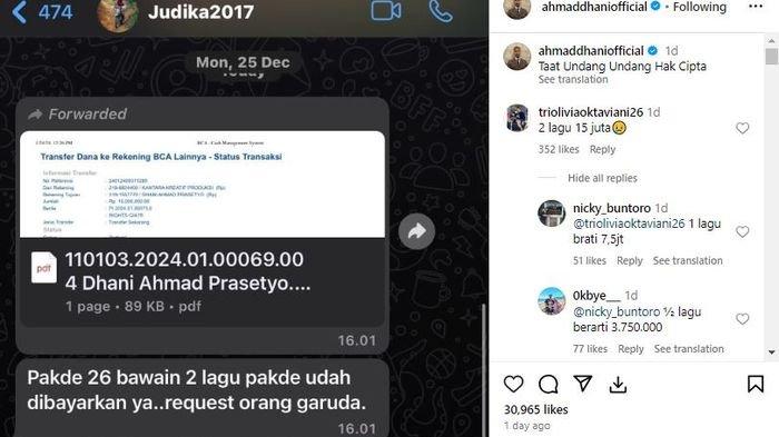 Ahmad Dhani unggah bukti transfer royalti lagunya dari Judika.