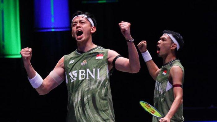 Ekspresi Fajar Alfian/Muhammad Rian Ardianto setelah menang 21-18, 21-18 atas Takuro Hoki/Yugo Kobayashi (Jepang) di Utilita Arena Birmingham, Inggris, Minggu (17/3/2024) dini hari WIB. Fajar/Rian juara All England 2024.
