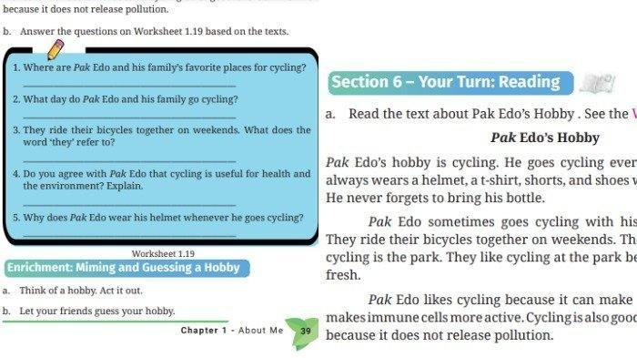 Kunci jawaban Bahasa Inggris Kelas 7 halaman 39 Kurikulum Merdeka, Unit 2, Section 6 Reading, Worksheet 1.19: Pak Edo's Hobby