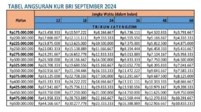 KUR BRI 2024 - Cek Tabel Angsuran KUR BRI 2024 plafon pinjaman Rp 175 juta sampai Rp 500 juta lengkap dengan tenor pinjamannya untuk mengetahui cicilanmu pinjam KUR 2024 Rp 500 juta di Bank BRI.
